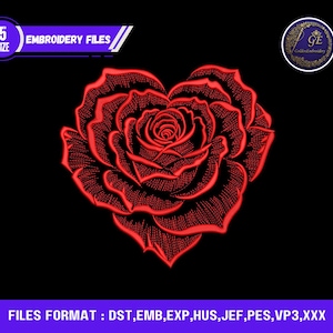 Puede incluir: Diseño de bordado de rosa roja sobre fondo negro, con forma de corazón. La imagen incluye el texto "5 SIZE EMBROIDERY FILES" y "FILES FORMAT: DST, EMB, EXP, HUS, JEF, PES, VP3,XXX".