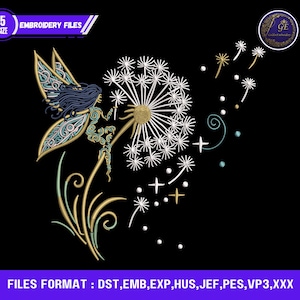 Puede incluir: Diseño bordado de un hada soplando semillas de diente de león, con detalles dorados, verde azulado y azul marino. El diseño incluye el texto "EMBROIDERY FILES" y "5 SIZE". La imagen también incluye el texto "FILES FORMAT: DST, EMB, EXP, HUS, JEF, PES, VP3,XXX".