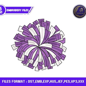 Puede incluir: Archivo de bordado digital con un diseño de pompón morado y blanco. La imagen incluye texto que indica que el archivo está disponible en 5 tamaños y múltiples formatos. También es visible el logotipo de Golden Embroidery.