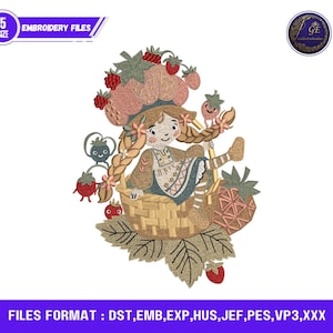 May include: An embroidery design featuring a cartoon girl in a basket surrounded by strawberries. The design includes the text "EMBROIDERY FILES" and "FILES FORMAT : DST, EMB, EXP, HUS, JEF, PES, VP3,XXX". The design is in shades of brown, green, and red.