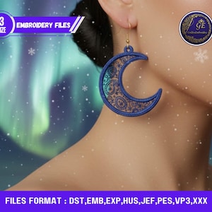 May include: A blue crescent moon earring with a paisley design, hanging from a gold hook. The image includes text that says "3 SIZE EMBROIDERY FILES" and "FILES FORMAT: DST, EMB, EXP, HUS, JEF, PES, VP3,XXX".