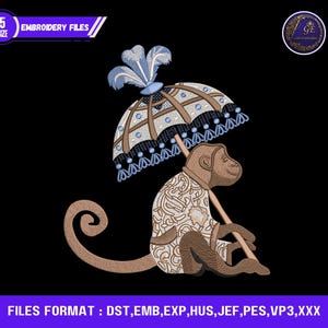 Può includere: Un disegno di file di ricamo con una scimmia che tiene un ombrello. La scimmia è marrone con un cappotto fantasia e l'ombrello è beige e blu. Il design include il testo "EMBROIDERY FILES" e "FILES FORMAT : DST, EMB, EXP, HUS, JEF, PES, VP3,XXX".