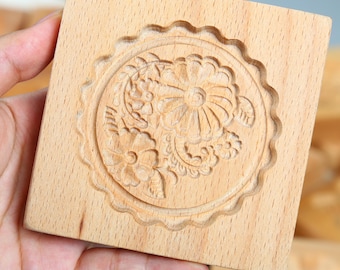 Flower Cookie Mold, Round Beech Wood Baking Stamp