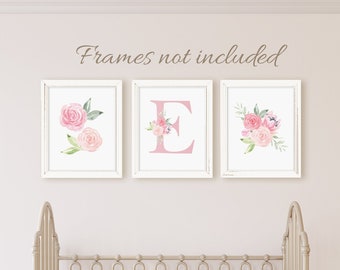 Floral nursery art print, nursery wall decor girl, girl watercolor floral nursery decor, blush pink nursery decor,  Pink Monogram nursery