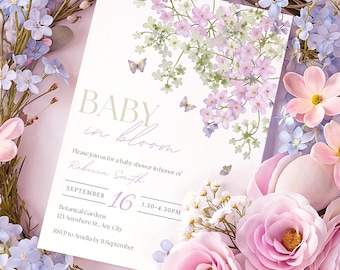 Baby in bloom Baby Shower Invitation suite Editable baby shower Wildflower baby shower invite Canva template Spring garden baby shower