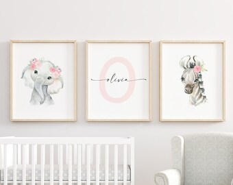 Watercolor Safari Animal nursery print, ,Boho Set of 3 Baby Girl Nursery Wall Art Decor Elephant,Zebra, Blush Pink Flowers safari watercolor