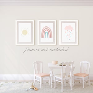 nursery prints rainbow, nursery decor girl, nursery wall art rainbow nursery print set of 3, sun, cloud boho playroom wall art print weather