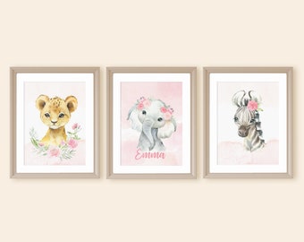 Blush safari animal nursery prints set of 3, animal nursery wall art watercolor jungle animals safari nursery decor girl girls floral jungle