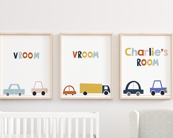 Car nursery prints set of 3, car nursery decor, transportation wall art, boy room car decor, boys nursery print set of 3 car and truck decor