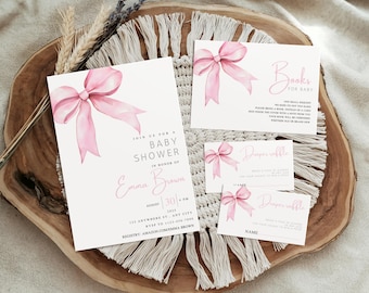 Coquette Baby Shower Invite Editable Canva bow invitation pink bow shower invite  Watercolor pink bow Pink biow baby shower invitation