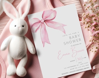 Pink bow baby shower invitation Coquette Baby Shower Invite Editable Canva bow invitation pink bow shower invite  Watercolor pink bow