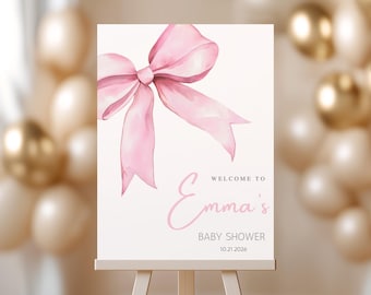 Pink bow baby shower sign  baby shower welcome poster Coquette baby Shower Welcome Sign Bow sign Pink ribbon baby shower  Baby girl shower