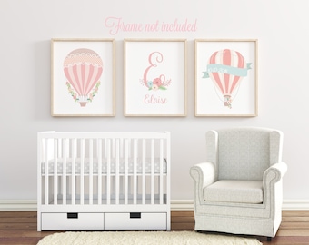 Hot air balloon nursery art print, Personalized nursery decor girl, baby girl nursery art set, baby shower gift, balloon nursery decor