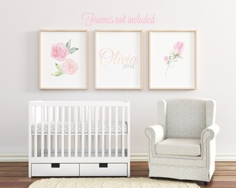 Personalized nursery decor girl, baby girl nursery art set, watercolor nursery art, watercolor print, pink nursery prints, baby shower gift,