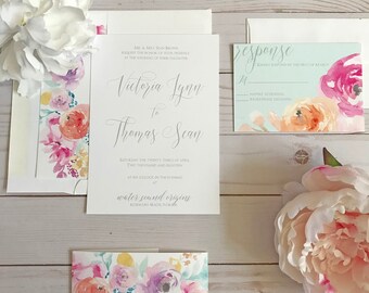 SAMPLE Floral watercolor wedding invitation set, boho chic wedding invites, boho wedding, bohemian invitation suite, watercolor flower