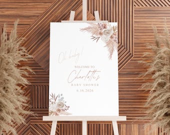 EDITABLE Boho Pink Pampas Grass Baby Shower sign  Boho welcome sign Oh baby shower Welcome sign boho shower sign