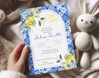 Mediterranean baby shower invitation, Mediterranean lemon invitation Editable Canva, Amalfi coast, Mediterranean tile, Italian blue tile