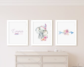 Girls nursery boho tribal prints set of 3, tribal nursery prints girl, boho elephant wall decor boho nursery prints tribal nursery art print