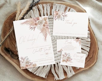 EDITABLE Boho Pink Pampas Grass Baby Shower Invitation bundle Boho Baby Shower invite pampas baby shower Oh baby invitation boho baby invite