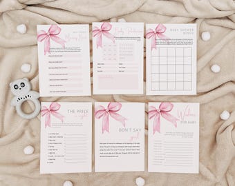 Pink bow baby shower games bundle baby sprinkle games baby games bundle coquette bow baby pink bow baby shower baby shower bingo