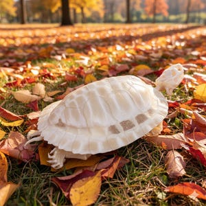 May include: A cream-colored turtle figurine with a textured shell and detailed legs and head. The turtle is resting on a bed of fallen autumn leaves, with a blurred background of trees and more leaves.