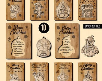 10 Weihnachtskarten Ornamente Laser geschnitten SVG Bundle, Holz Weihnachtskarte SVG, Weihnachtsverzierung SVG, Laser geschnitten Weihnachtsdekordateien