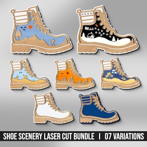 May include: A set of laser-cut wooden boot decorations, each with a unique landscape design. The boots depict scenes such as mountains, deserts, cityscapes, and beaches. The text at the bottom reads "SHOE SCENERY LASER CUT BUNDLE | 07 VARIATIONS."