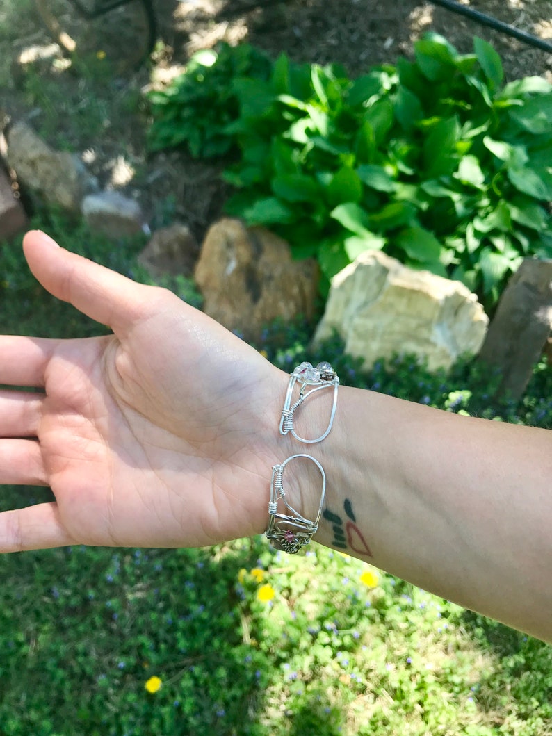 crystal and gem stones. Purple wire wrapped sterling silver bracelet from vintage earrings