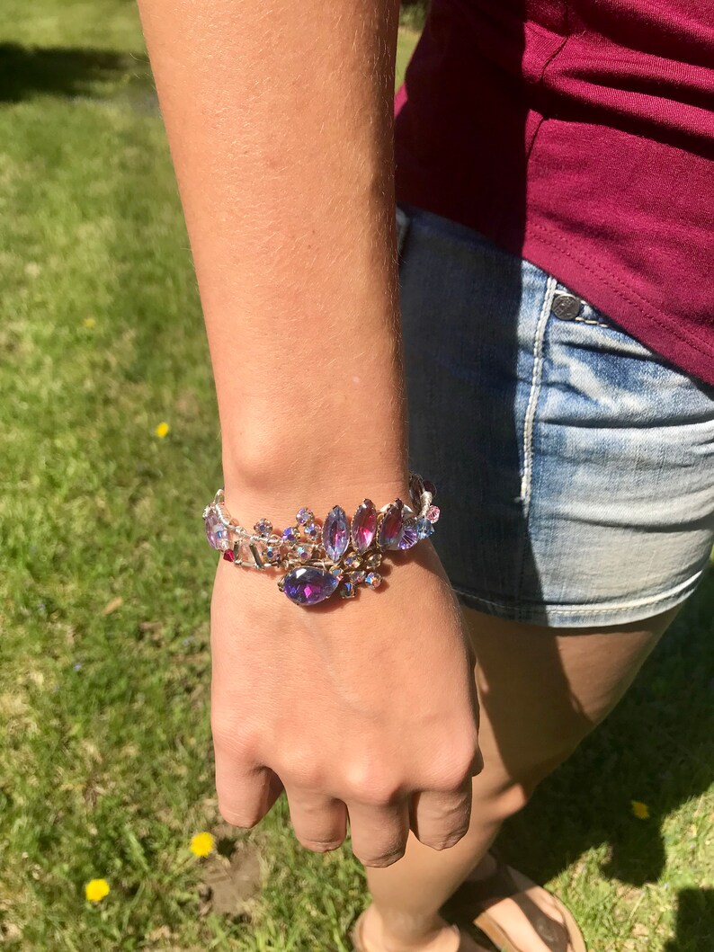 crystal and gem stones. Purple wire wrapped sterling silver bracelet from vintage earrings
