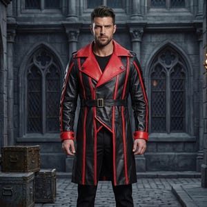 May include: A black and red leather trench coat with a belt, red collar, and red accents. The coat is worn by a person standing in front of a stone building with arched windows. The coat has a classic, tailored design.