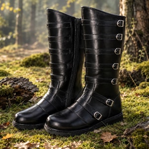 Bottes de combat gothiques pour homme | Bottes à boucles multiples en cuir véritable | Chaussures punk pour cosplay et Halloween