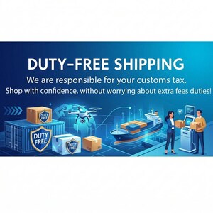 May include: An illustration promoting duty-free shipping. The image features a cargo ship, shipping containers, boxes, a drone, and people interacting with a kiosk. The text reads "DUTY-FREE SHIPPING".