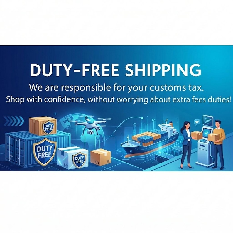 May include: An illustration promoting duty-free shipping. The image features a cargo ship, shipping containers, boxes, a drone, and people interacting with a kiosk. The text reads "DUTY-FREE SHIPPING".