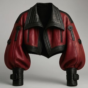 Puede incluir: Chaqueta corta de cuero rojo con detalles en negro. La chaqueta presenta un cuello ancho negro texturizado y ribetes negros. Las mangas son voluminosas y los puños negros con hebillas. Diseño único y moderno.