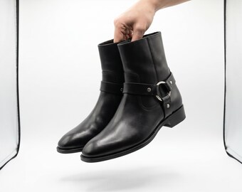 Mens Black Leather Ankle Boots | Harness Strap Metal Ring Boots | Chelsea Boot
