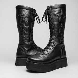 Black Platform Combat Boots Star Design | Knee High Leather Lace Up Boots | Cosplay Footwear
