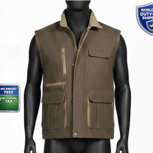 Chaleco de cuero para hombre, hecho a mano, multibolsillos.