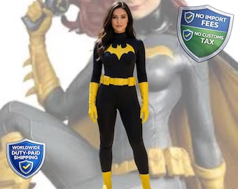 Batgirl Costume Cosplay | Black and Yellow Jumpsuit, Cape, Gloves and Boots