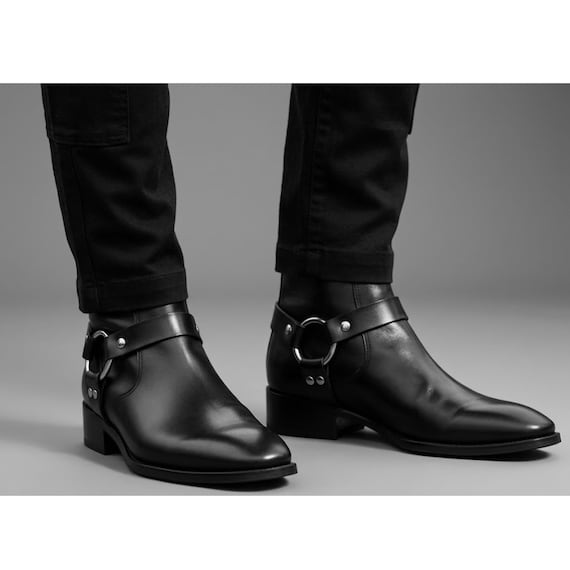 Black Leather Ankle Boots Men, Harness Strap Buckle Boots, Genuine Leathers Zip-Up Shoes