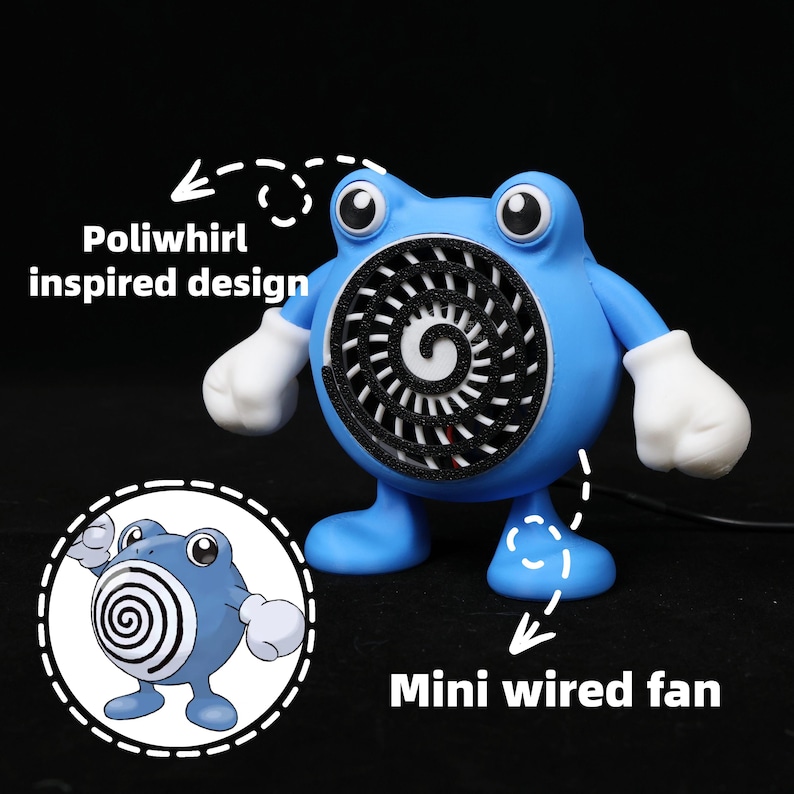 Pode incluir: Um mini ventilador com fio azul inspirado em Poliwirl. O ventilador tem um design circular no centro com um padr&atilde;o espiral preto e branco. Possui luvas e p&eacute;s brancos. O texto "Poliwhirl inspired design" e "Mini wired fan" tamb&eacute;m s&atilde;o vis&iacute;veis.