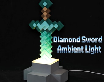 Blue Pixel Sword Night Light 3D Printed PLA Block World Desk Lamp Gamer Room Decor Kids Teens Bedroom Fan Gift Gaming Room Decor