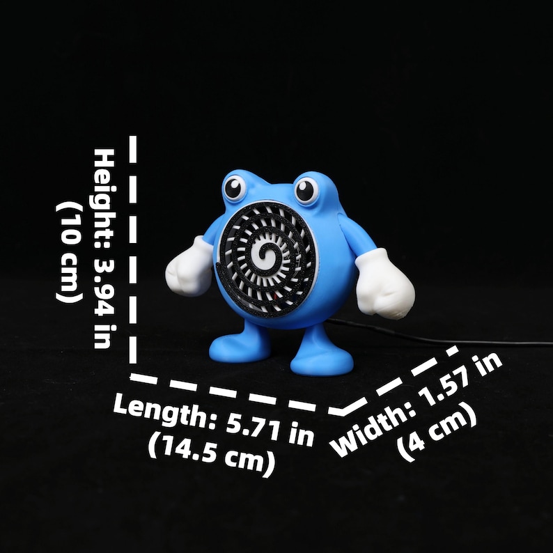 Pode incluir: Uma figura azul, semelhante a um desenho animado, com um centro com padr&atilde;o espiral. A figura tem luvas e p&eacute;s brancos e mede 10 cm de altura, 14,5 cm de comprimento e 4 cm de largura.
