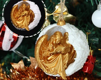 Gold Angel Reading Christmas Ornament 3D Printed White Gold Electroplated Angel Tree Hanging Spiritual Holiday Decor Gift for Home Display
