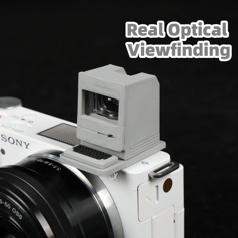 May include: A gray viewfinder attachment in the shape of a retro computer monitor is mounted on a white Sony camera. The text "Real Optical Viewfinding" is displayed above the viewfinder. The camera lens is black.
