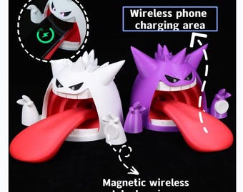 Gigantamax Gengar Mega Wireless Charger Android Phones Charging Station, iPhones Watches, 3D Printed Pokem Desk Decoration Gift for Him