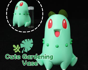 Green Grass Type Monster Planter 3D Printed Anime Style Leaf Dinosaur Pot with Glass Propagation Tube Gamer Desk Decor Gift for Fans POKEM