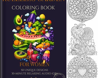 Livre de coloriage jardin sans règles pour femmes – 50 pages fruits, légumes et baies surréalistes + audio relaxant, téléchargement numérique imprimable