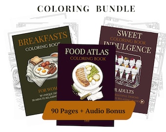 Lot de coloriages culinaires pour adultes, 90 pages imprimables, dessert du petit-déjeuner et repas, téléchargement numérique + audio relaxant de 30 minutes