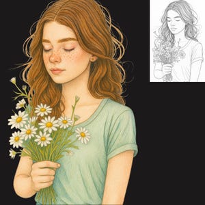 May include: Illustration of a person with closed eyes, holding a bouquet of daisies. The person has long, wavy auburn hair, freckles, and is wearing a light green t-shirt. A black background provides contrast to the soft colors of the illustration.