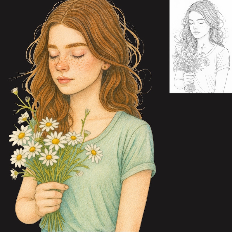 May include: Illustration of a person with closed eyes, holding a bouquet of daisies. The person has long, wavy auburn hair, freckles, and is wearing a light green t-shirt. A black background provides contrast to the soft colors of the illustration.